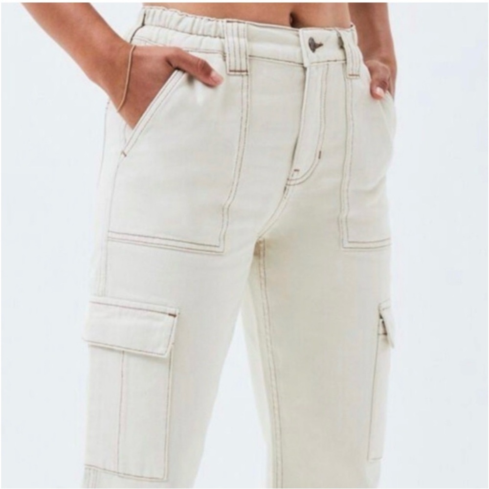 PacSun Elastic Waist Cargo Pants Bone Color Brown Stitching Size Medium - Picture 3 of 10